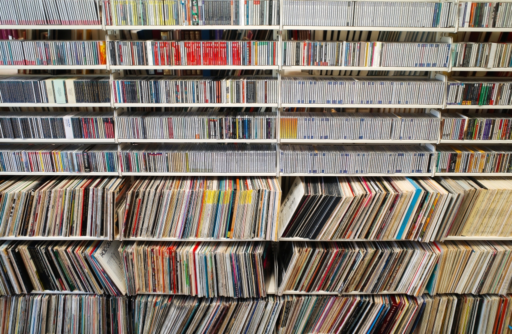 Image of shelves full of cds and albums. 
