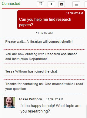 In the "Ask a Librarian" chat window, a student asks how to find research papers and the librarian responds, "I'd be happy to help. What topic are you researching?"