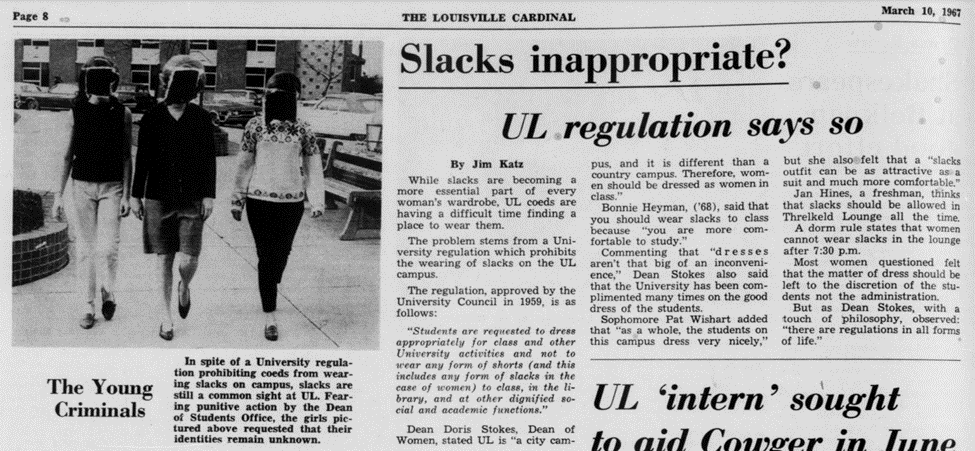 Newspaper article from 1967 with the headline, "Slacks inappropriate?" and a photo of three women walking in pants with their faces blurred out.