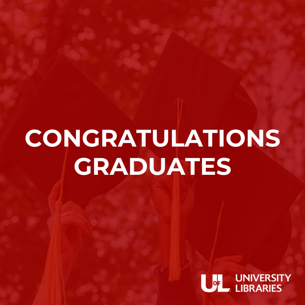 The words "Congratulations, Graduate" imposed over a red-tint photo of graduation caps.